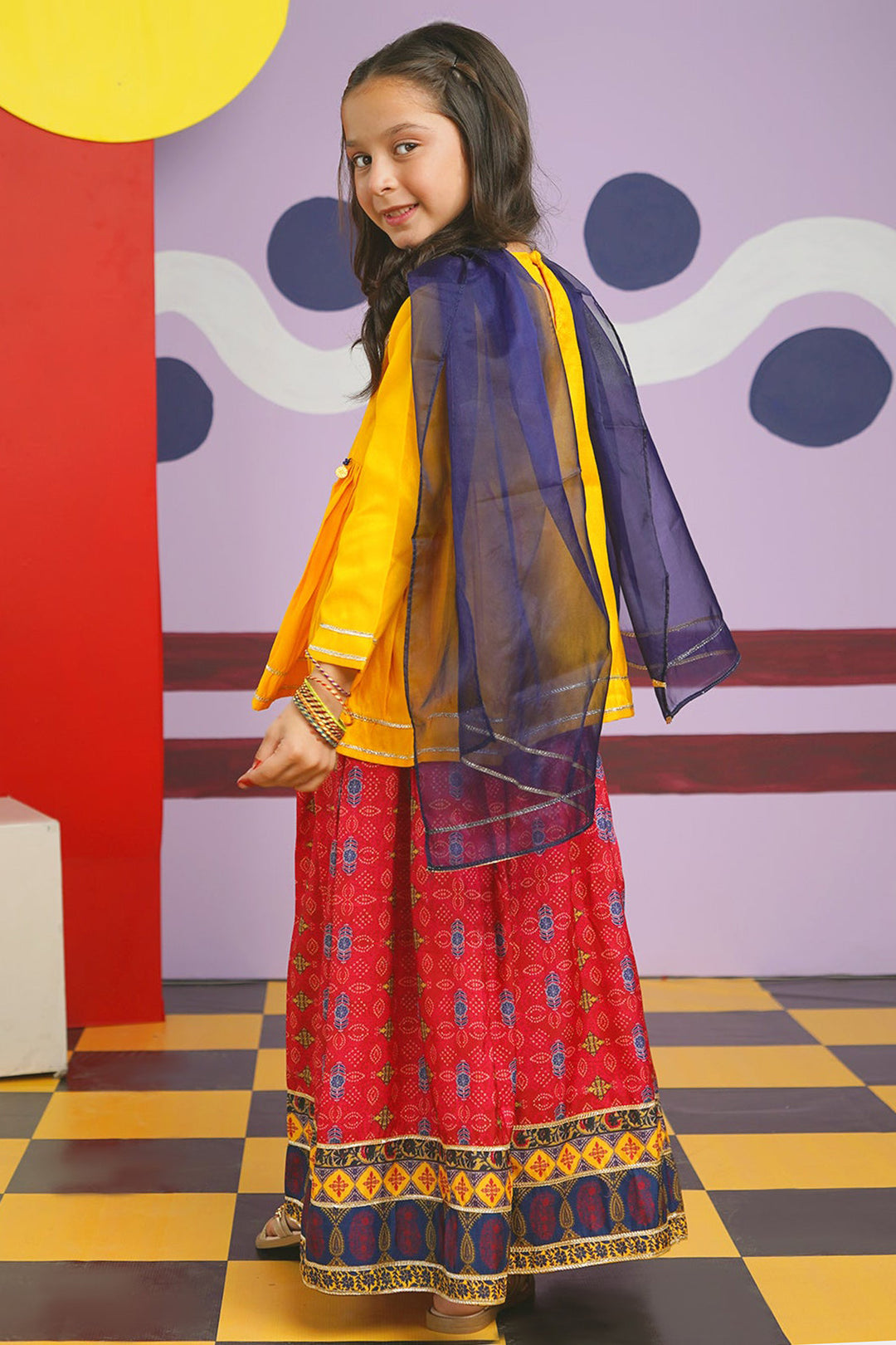 Girls Raw Silk 3PCs Suit Chunri-Yellow