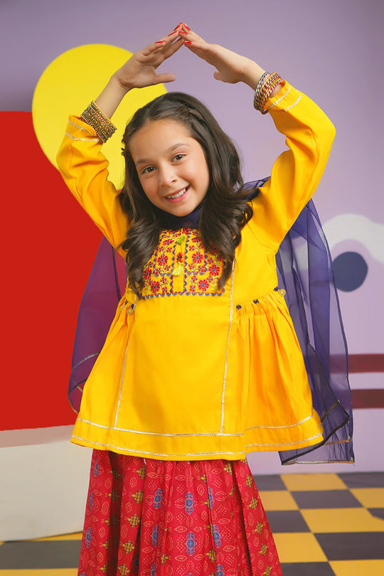 Girls Raw Silk 3PCs Suit Chunri-Yellow