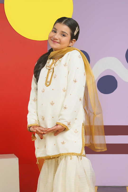 Girls Raw Silk 3Pcs Nikhaar-Ivory