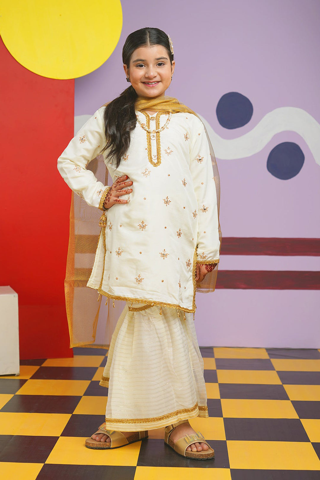 Girls Raw Silk 3Pcs Nikhaar-Ivory