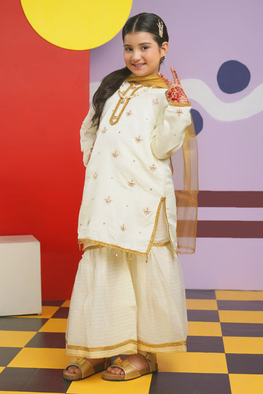Girls Raw Silk 3Pcs Nikhaar-Ivory