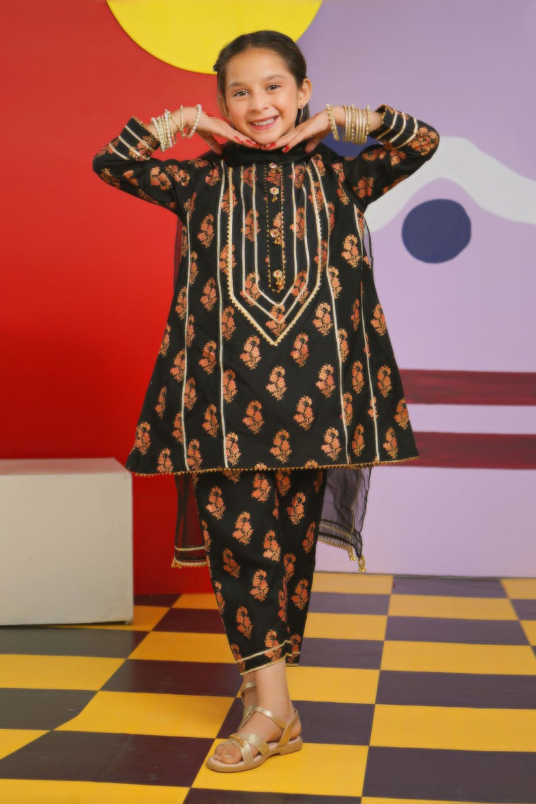 Girls Raw Silk 3PC Suit Chamak Dhamak-BLACK