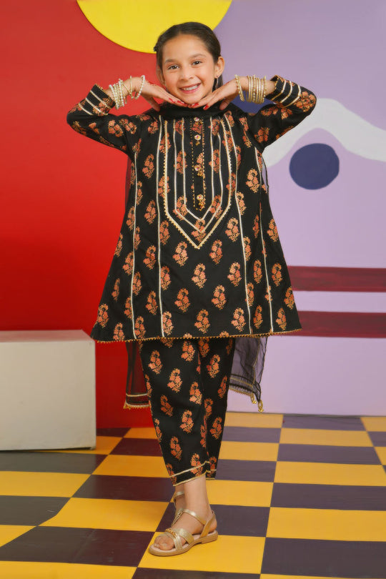 Girls Raw Silk 3PC Suit Chamak Dhamak-BLACK