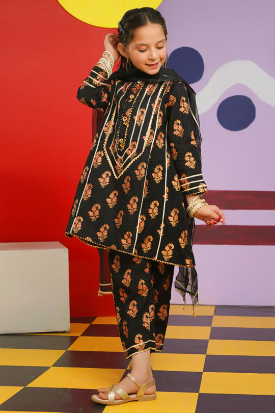 Girls Raw Silk 3PC Suit Chamak Dhamak-BLACK