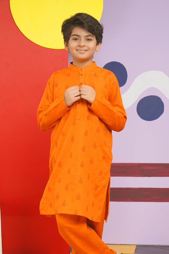 Boys Cotton Slub Shalwar Suit (DAMASK)-B.Orange