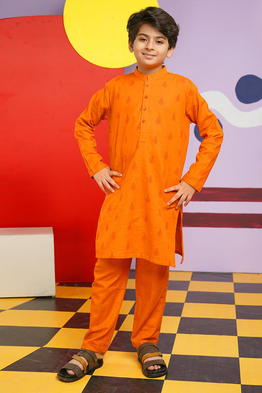 Boys Cotton Slub Shalwar Suit (DAMASK)-B.Orange