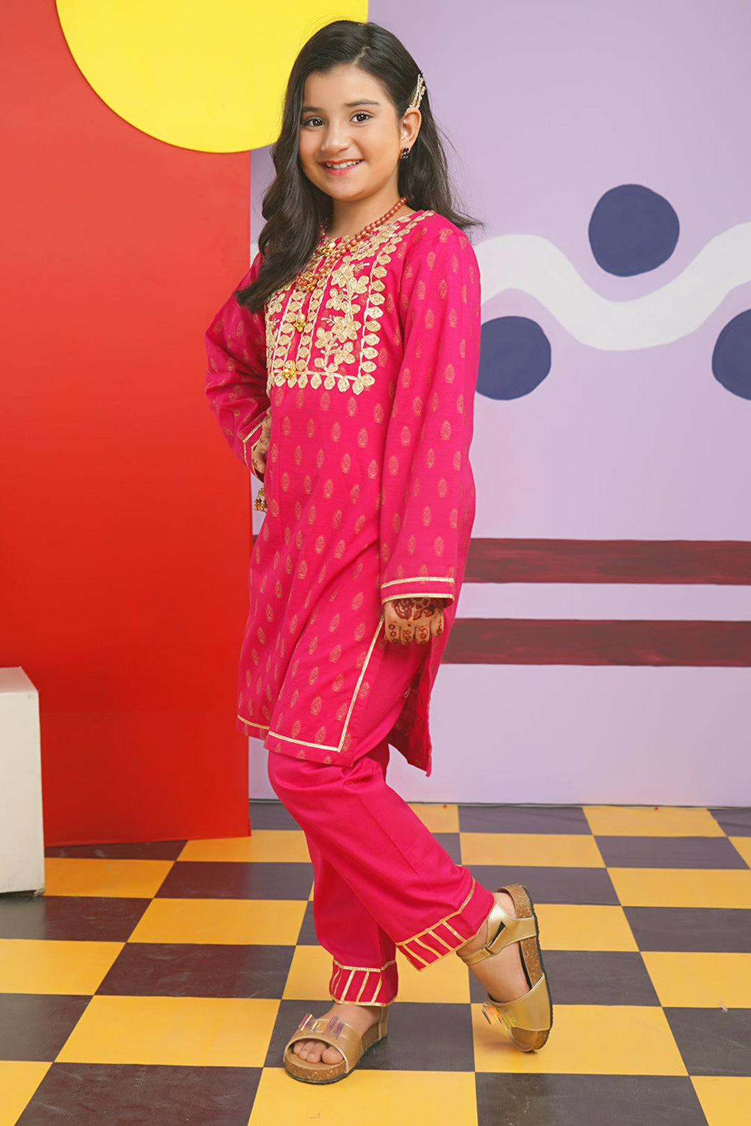 Girls Jacquard 2PC Suit Gota Pati-Paradise Pink