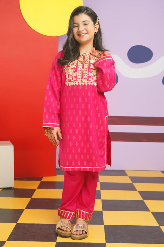 Girls Jacquard 2PC Suit Gota Pati-Paradise Pink