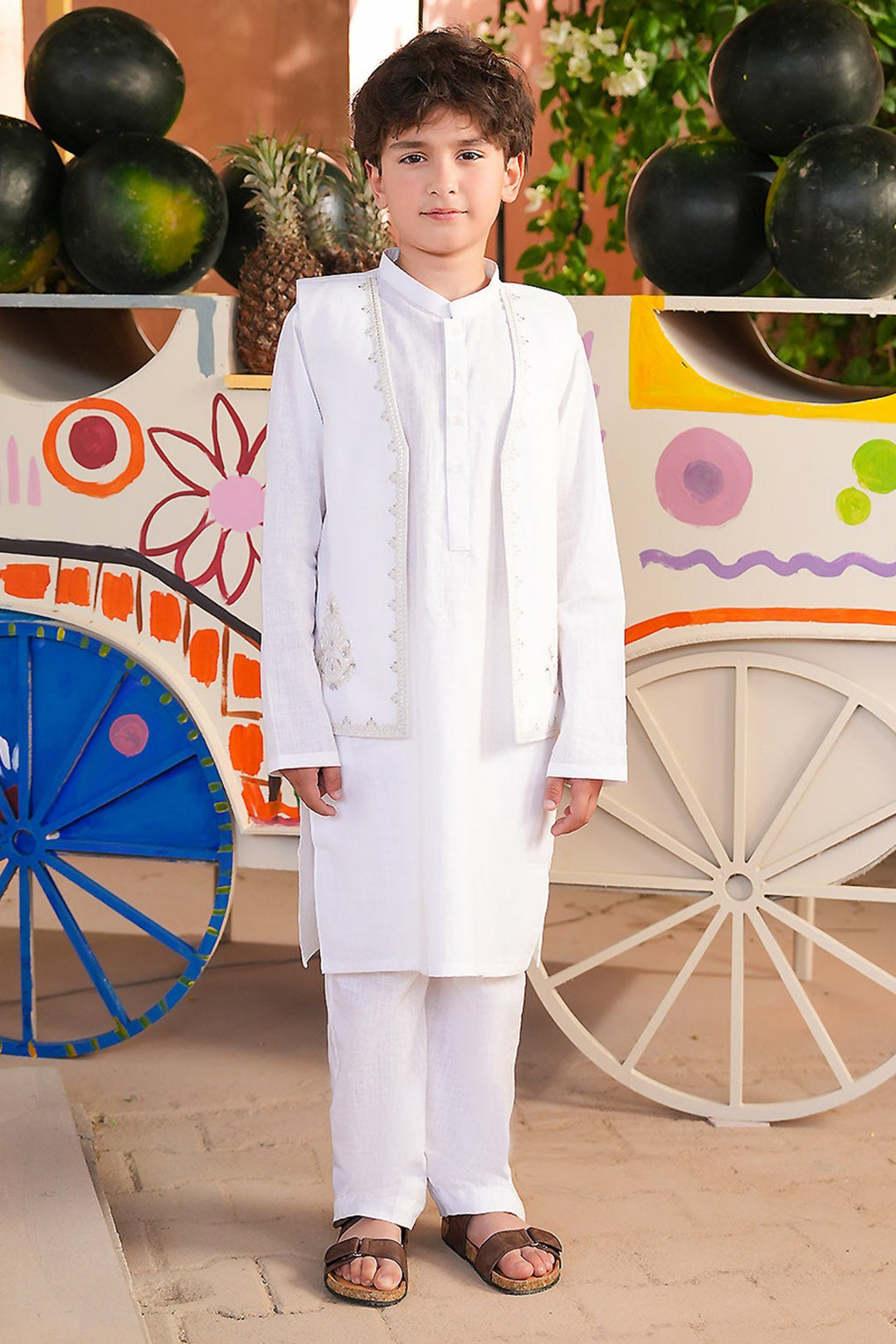 Boys Cotton Slub 3Piece Suit (Front Open) -WHITE