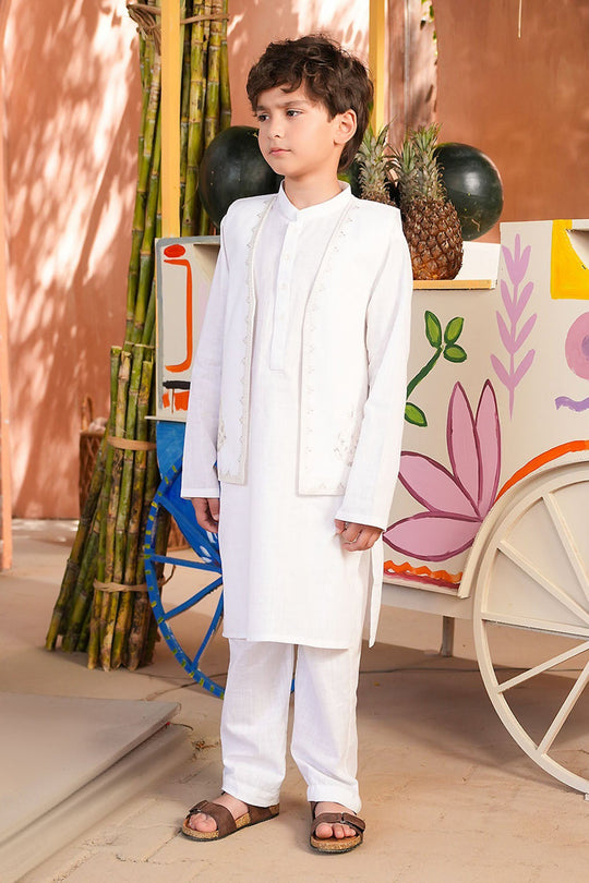 Boys Cotton Slub 3Piece Suit (Front Open) -WHITE
