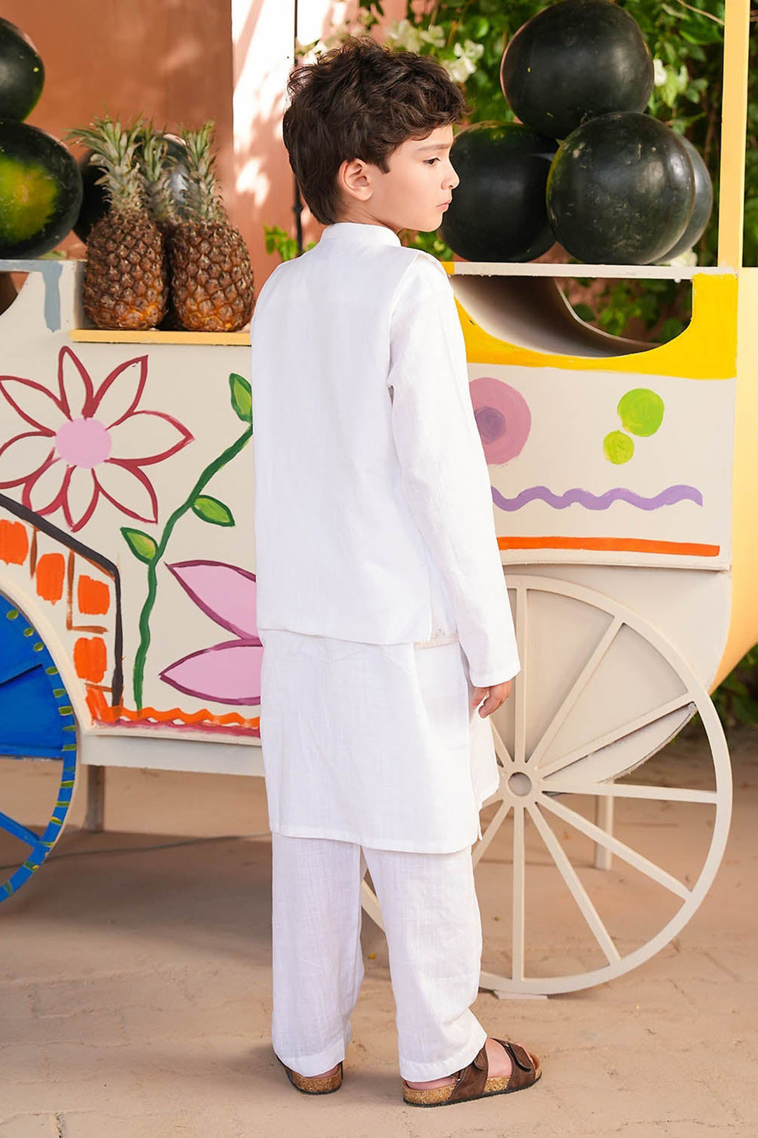 Boys Cotton Slub 3Piece Suit (Front Open) -WHITE