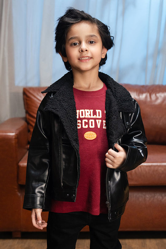 Boys PU Jacket Sherpa Collar - BLACK