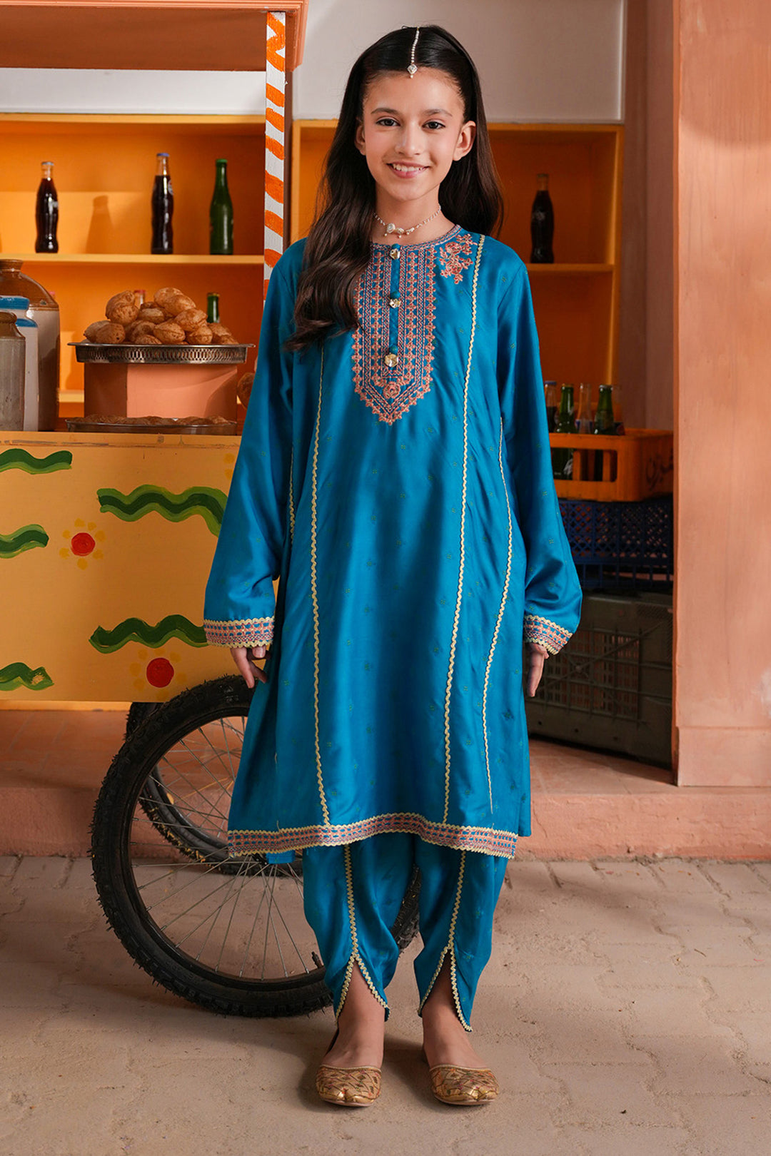 Girls Jacquard Embroidered Suit (Aabroo) - Teal/Blue