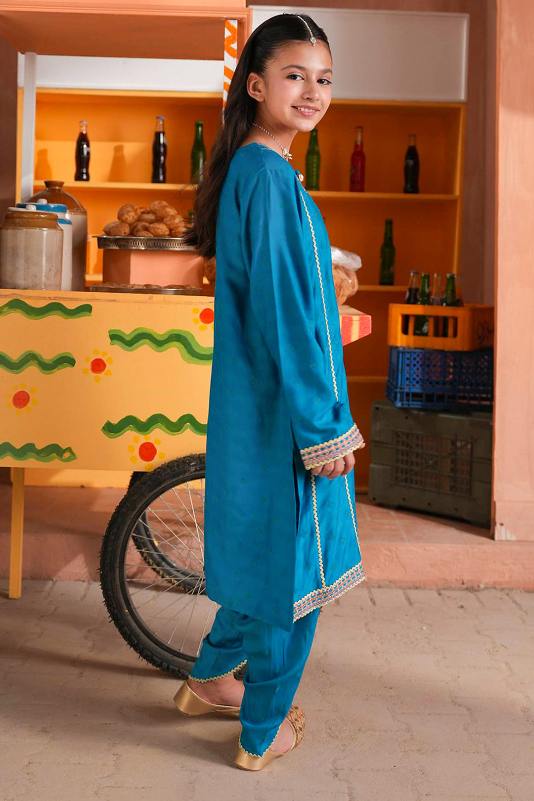 Girls Jacquard Embroidered Suit (Aabroo) - Teal/Blue