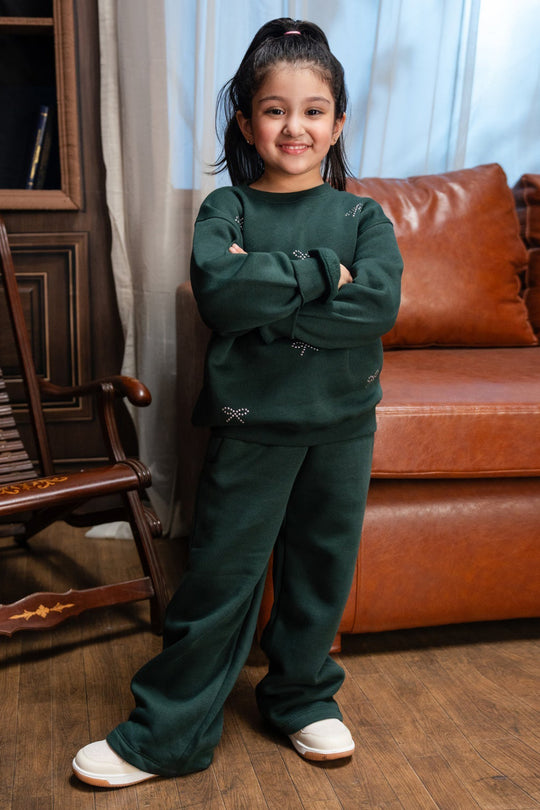 Girls Fleece 2 Piece Suit Pearl Bow-Green