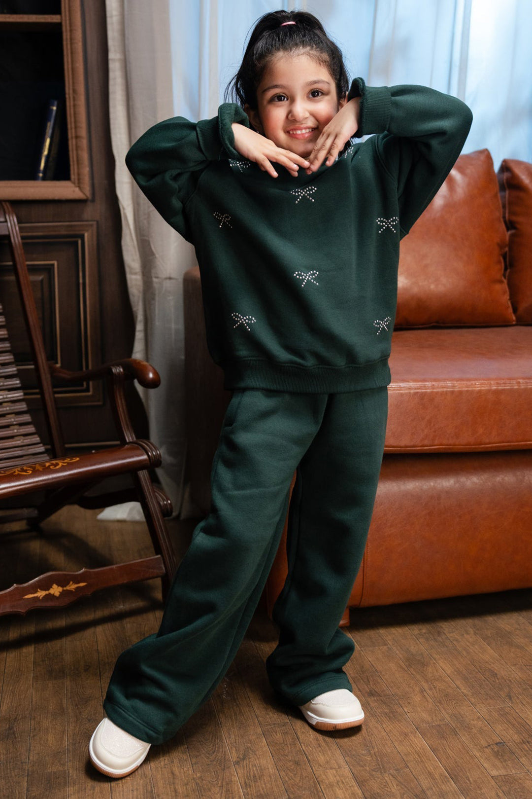 Girls Fleece 2 Piece Suit Pearl Bow-Green