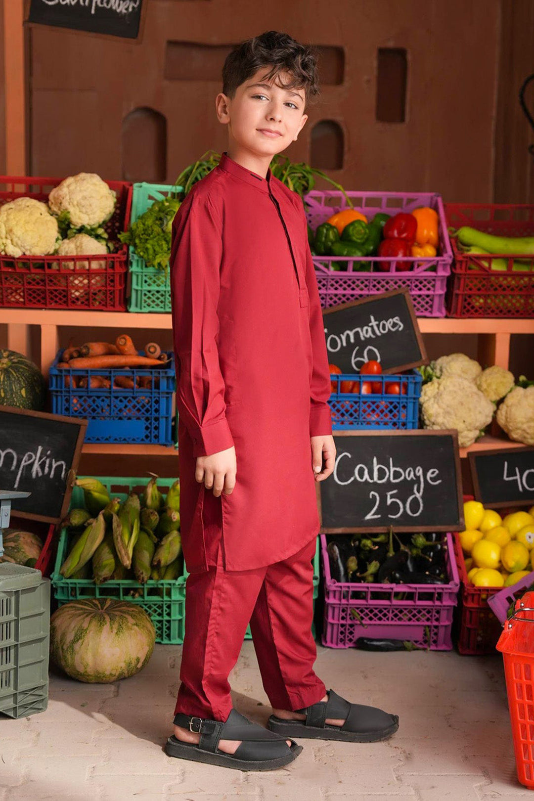 Boys Poly Viscose Kurta Pajama (Cut Placket) -RED
