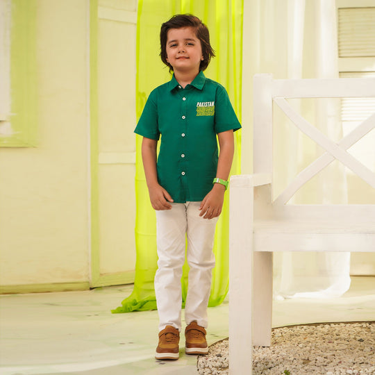 Boys Cotton Poplin Shirt (Pak ZindaBad)-GREEN