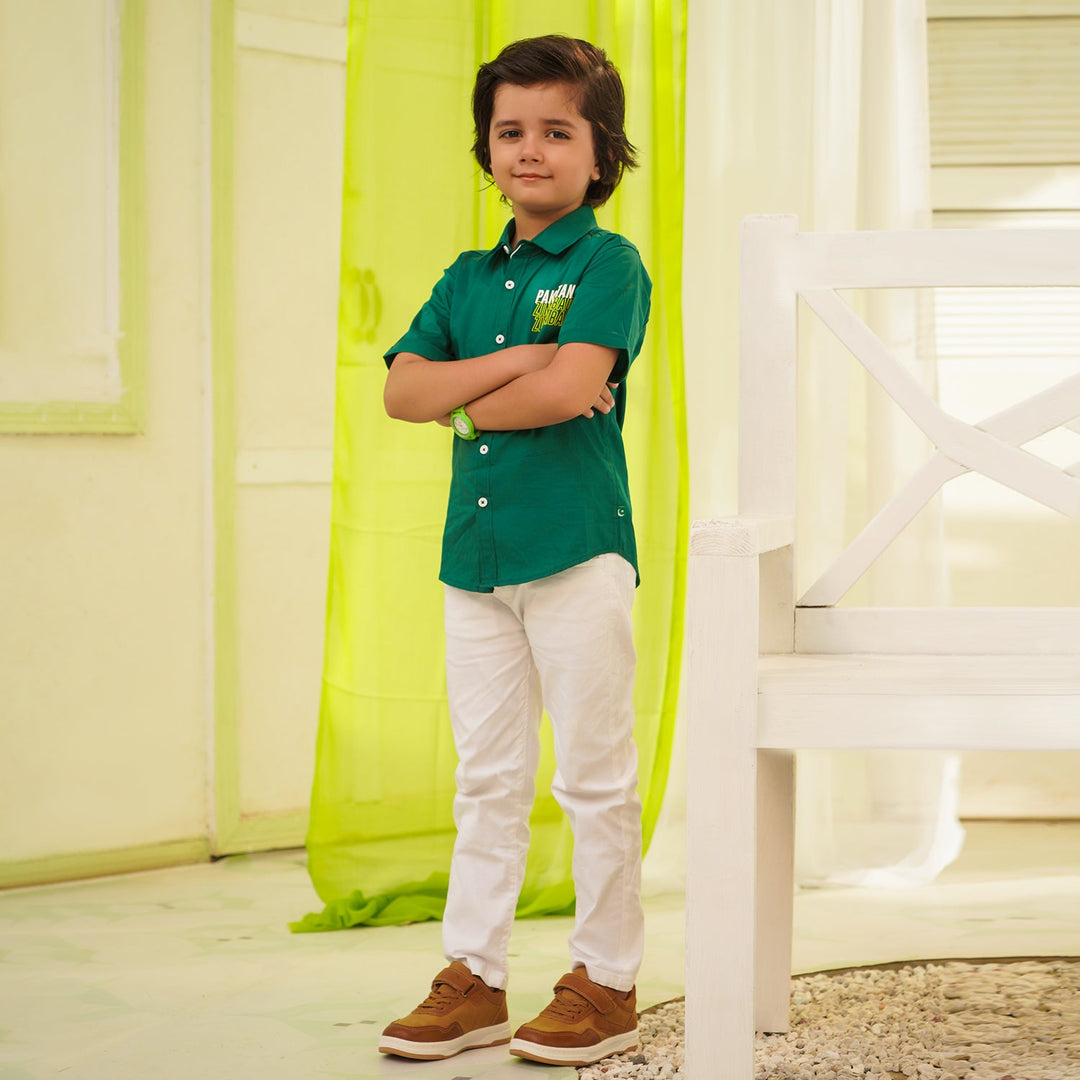 Boys Cotton Poplin Shirt (Pak ZindaBad)-GREEN
