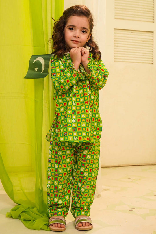 Girls Poly Net Printed 2Pcs Suit 14 August Ind-L.Green