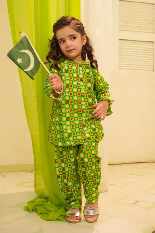 Girls Poly Net Printed 2Pcs Suit 14 August Ind-L.Green
