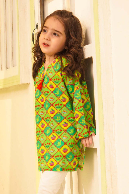 Girls Cotton Printed Kurti Kettle And Flowers Ind-Multi