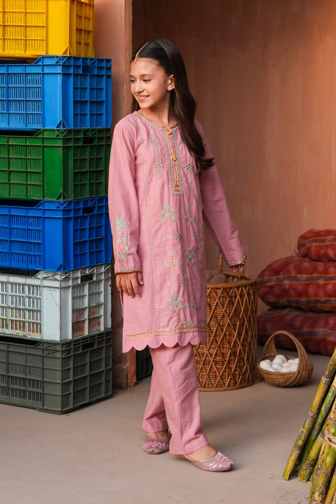 Girls Cotton Slub Emb 2Pcs Mina -Pink