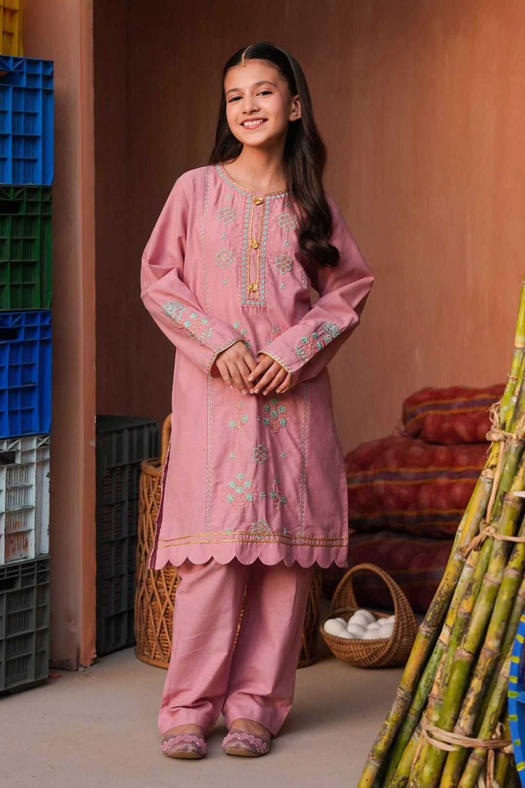 Girls Cotton Slub Emb 2Pcs Mina -Pink