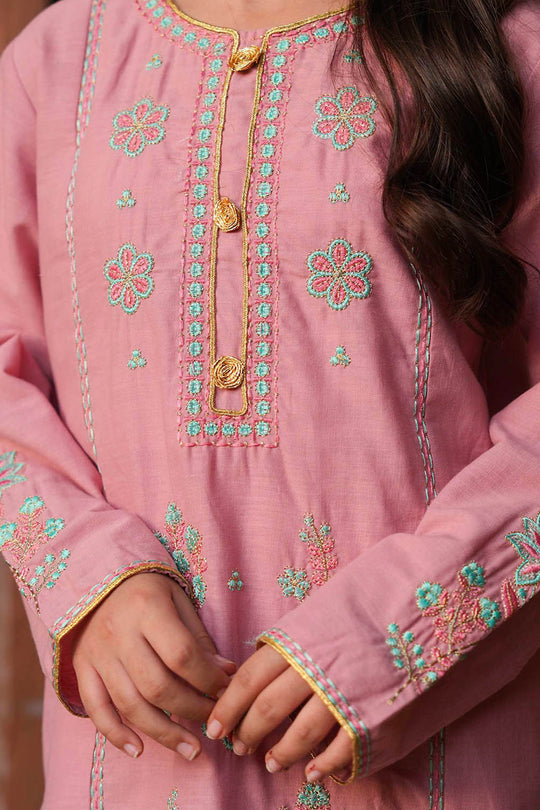 Girls Cotton Slub Emb 2Pcs Mina -Pink