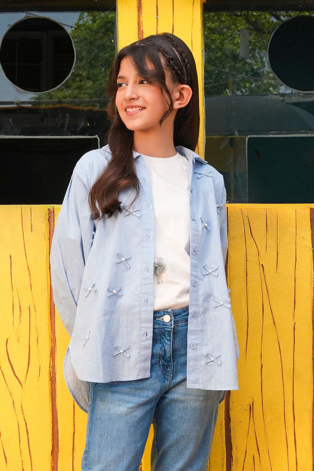 Girls Cotton Slub Top Blue Bow