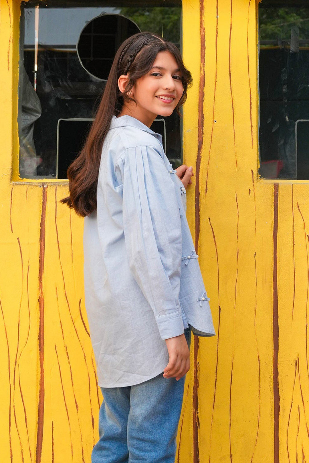 Girls Cotton Slub Top Blue Bow