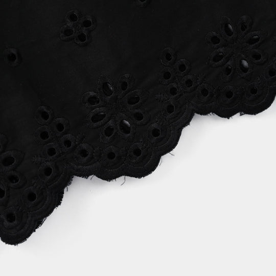 Girls Cotton Embroidered Pants Floral - Black