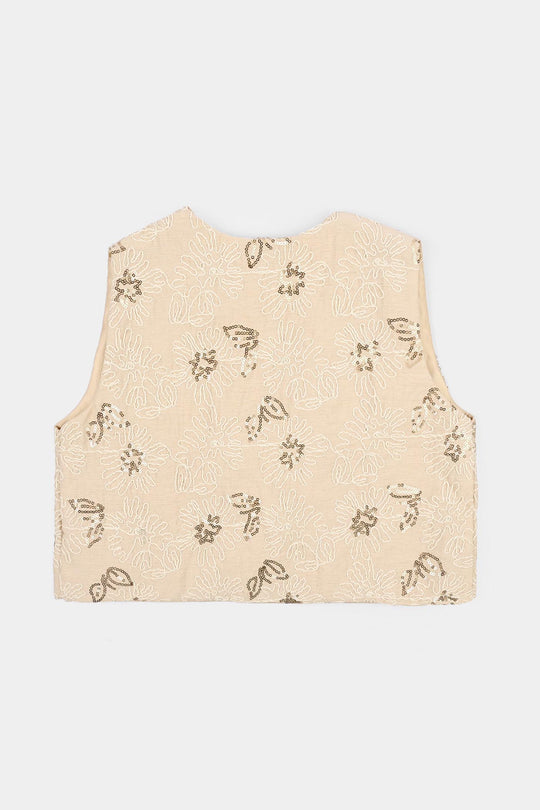 Girls Polyester Waist Coat Goldy - Beige