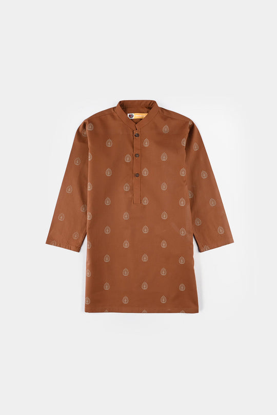 Boys Cotton Poplin Printed Kurta (Brown Blended)-BROWN