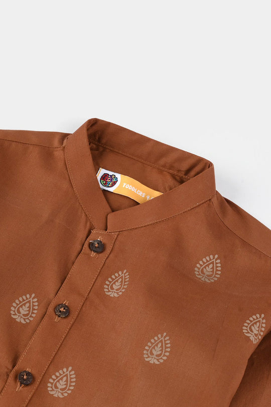 Boys Cotton Poplin Printed Kurta (Brown Blended)-BROWN