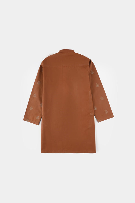 Boys Cotton Poplin Printed Kurta (Brown Blended)-BROWN