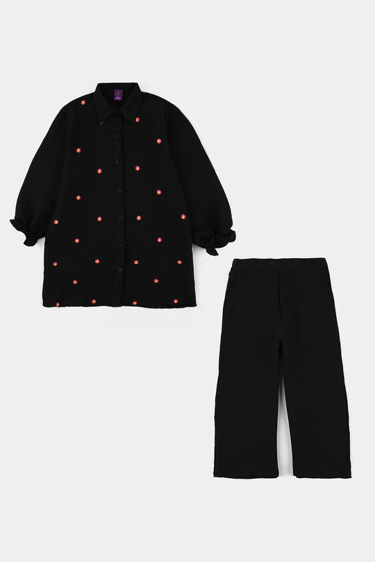 Girls Poly Crinkle Embroidered Co-Ord Set (Floral Set) – Black