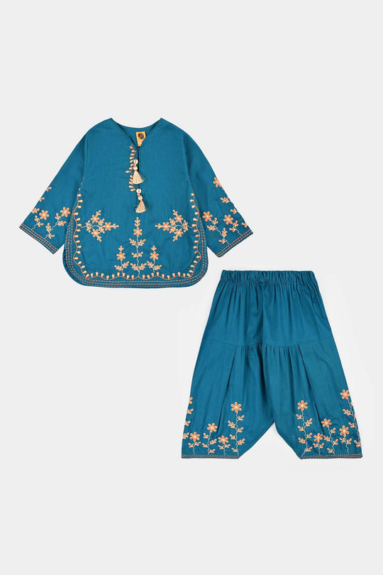Girls Cotton Slub EMB 2 Pc Suit Noori-BLUE