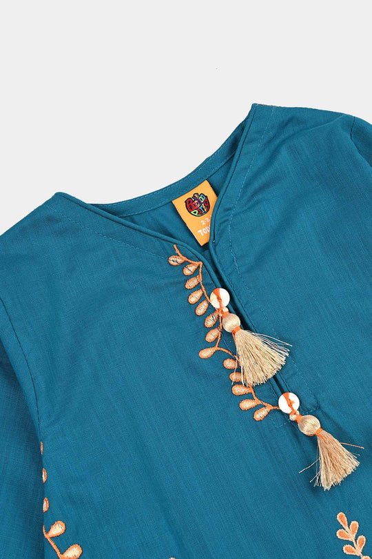 Girls Cotton Slub EMB 2 Pc Suit Noori-BLUE