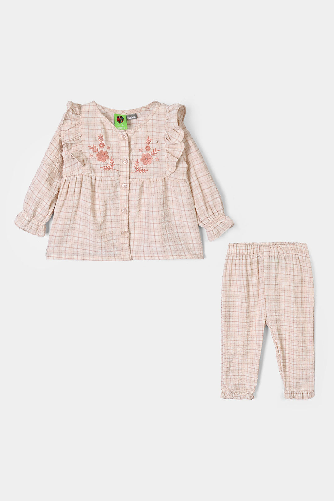 Infant Girls Poly Crinkle 2Pc Suit-CHECKERED-White.Brown.Check