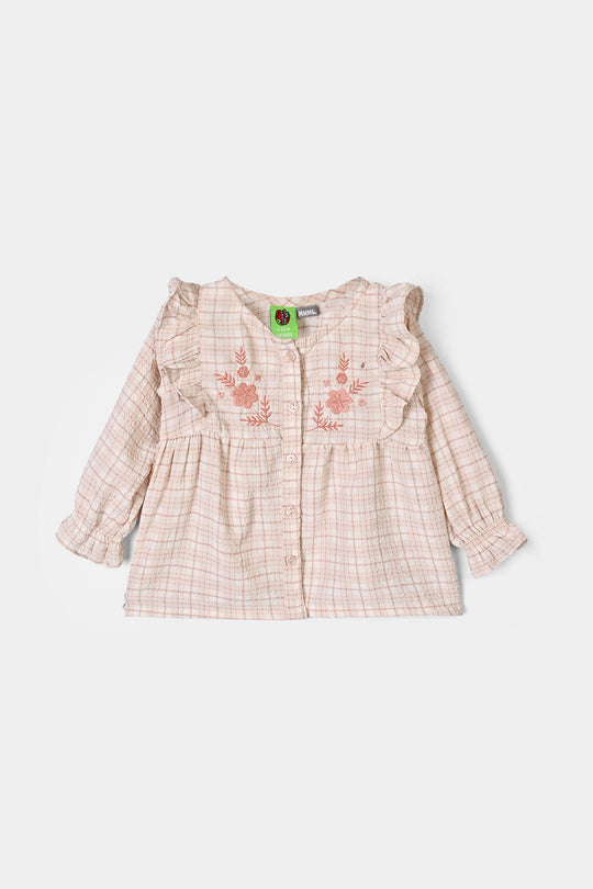 Infant Girls Poly Crinkle 2Pc Suit-CHECKERED-White.Brown.Check