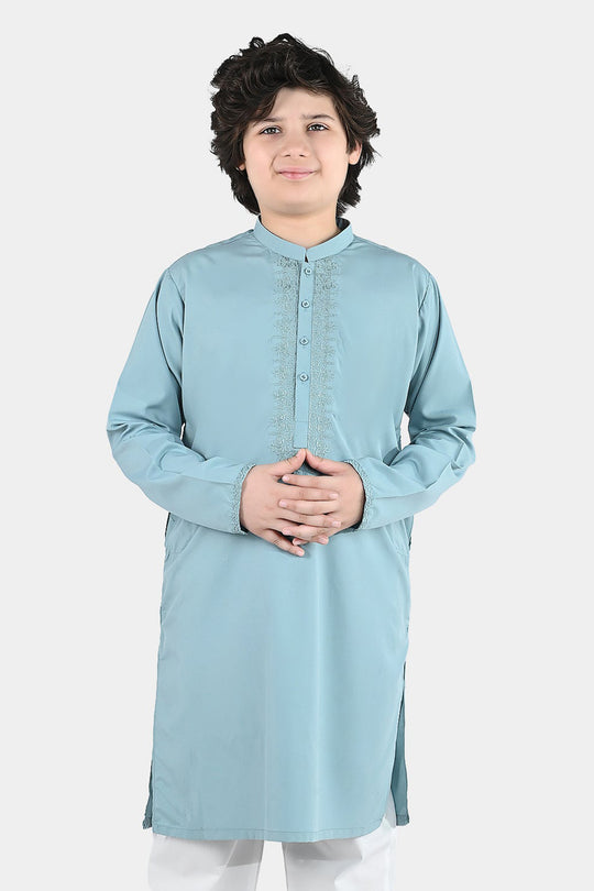 Boys Poly Viscose Embroidered Kurta (Pleasant) - Sky Grey