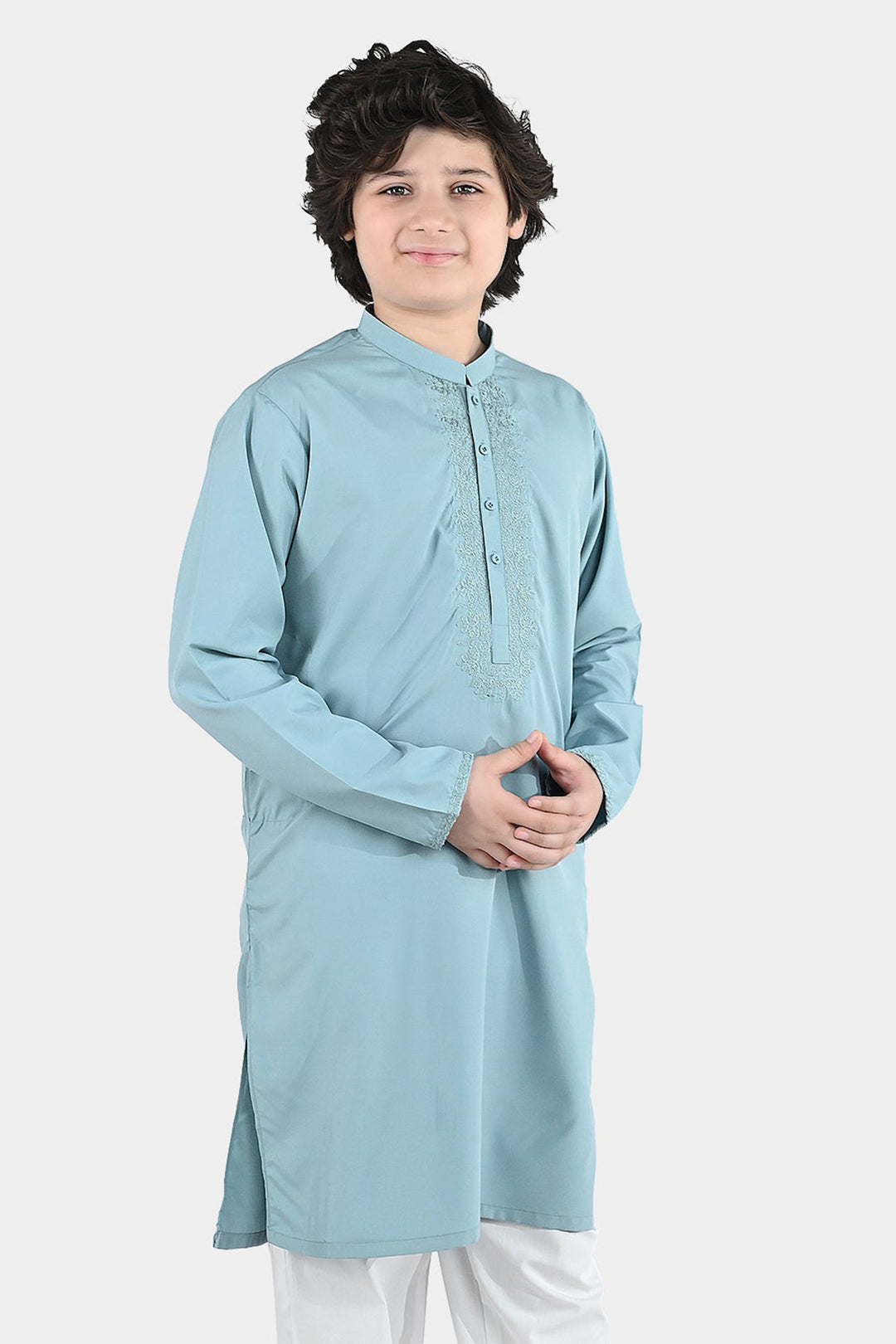 Boys Poly Viscose Embroidered Kurta (Pleasant) - Sky Grey