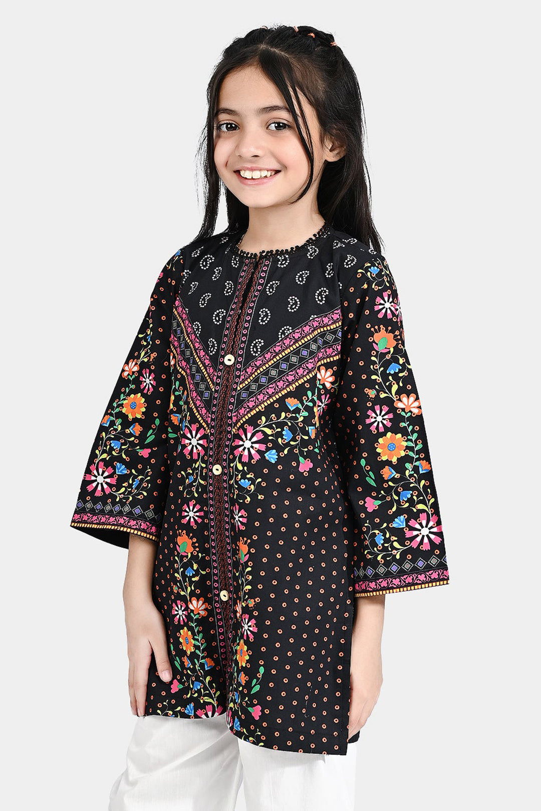 Girls Cotton Poplin Printed Kurti Rangreez-BLACK