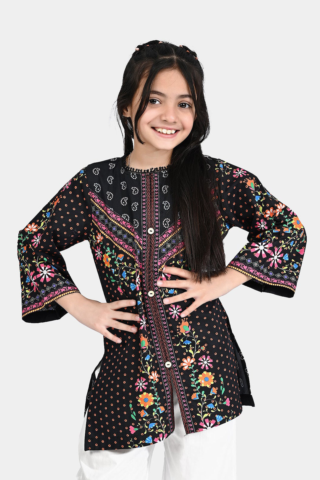 Girls Cotton Poplin Printed Kurti Rangreez-BLACK
