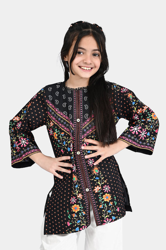 Girls Cotton Poplin Printed Kurti Rangreez-BLACK