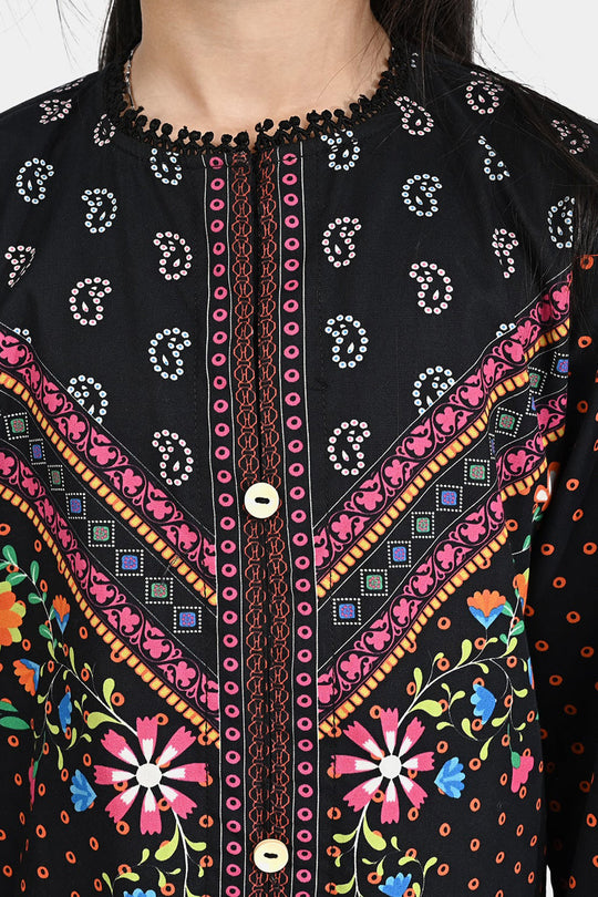 Girls Cotton Poplin Printed Kurti Rangreez-BLACK