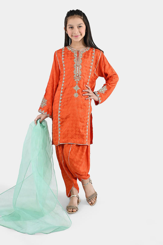 Girls Jacquard 3 Pcs Raqs - Rust