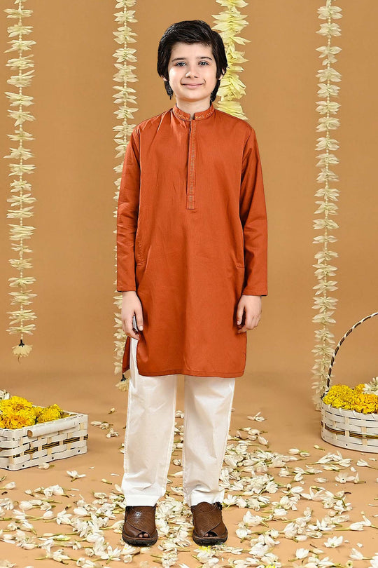 Boys Jacquard Embroidered Kurta (Tone On Tone)-Rust