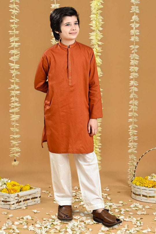 Boys Jacquard Embroidered Kurta (Tone On Tone)-Rust